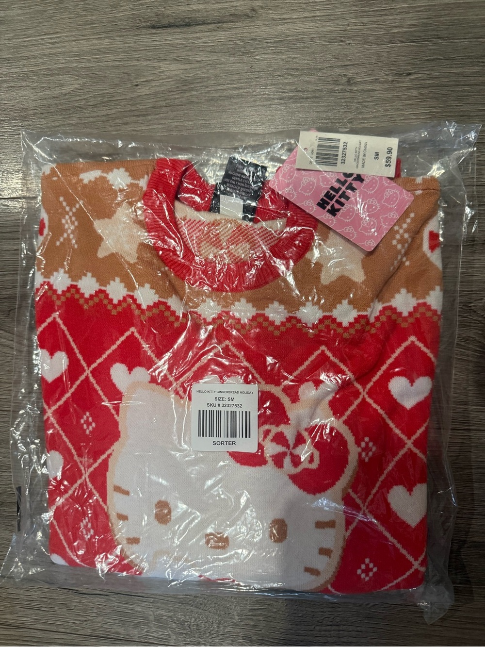 Hello Kitty Red, Tan & White Knit Sweater with Heart Motif